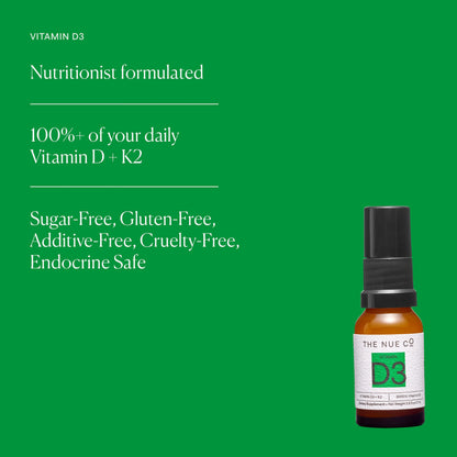 Frente envase The Nue Co spray vitamina d vegano sin gluten