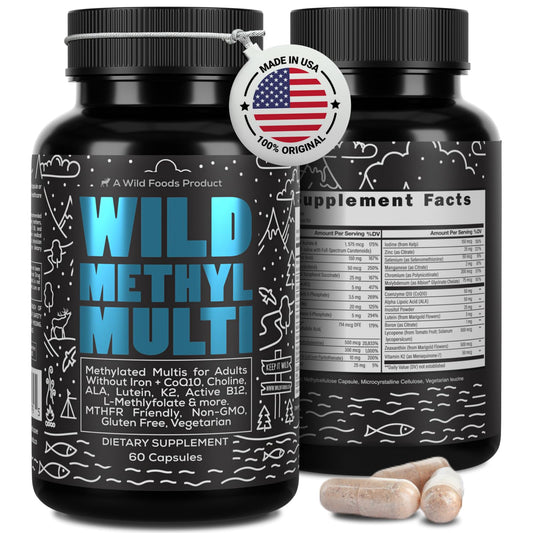 frente del frasco multivitamínico metilado wild 60 cápsulas