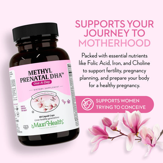 Frente del producto Maxi Health vitaminas prenatales con DHA