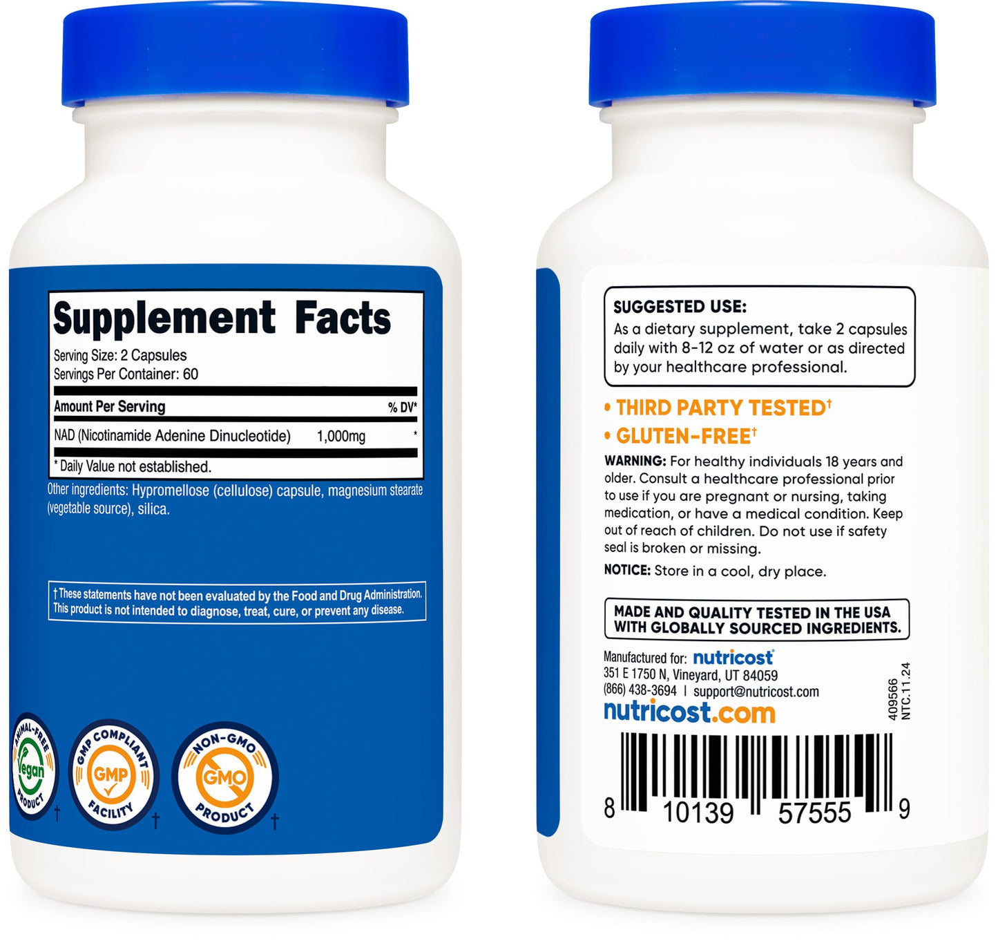 frente suplemento nad+ nutricost 1,000mg