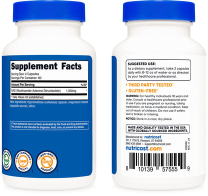 frente suplemento nad+ nutricost 1,000mg