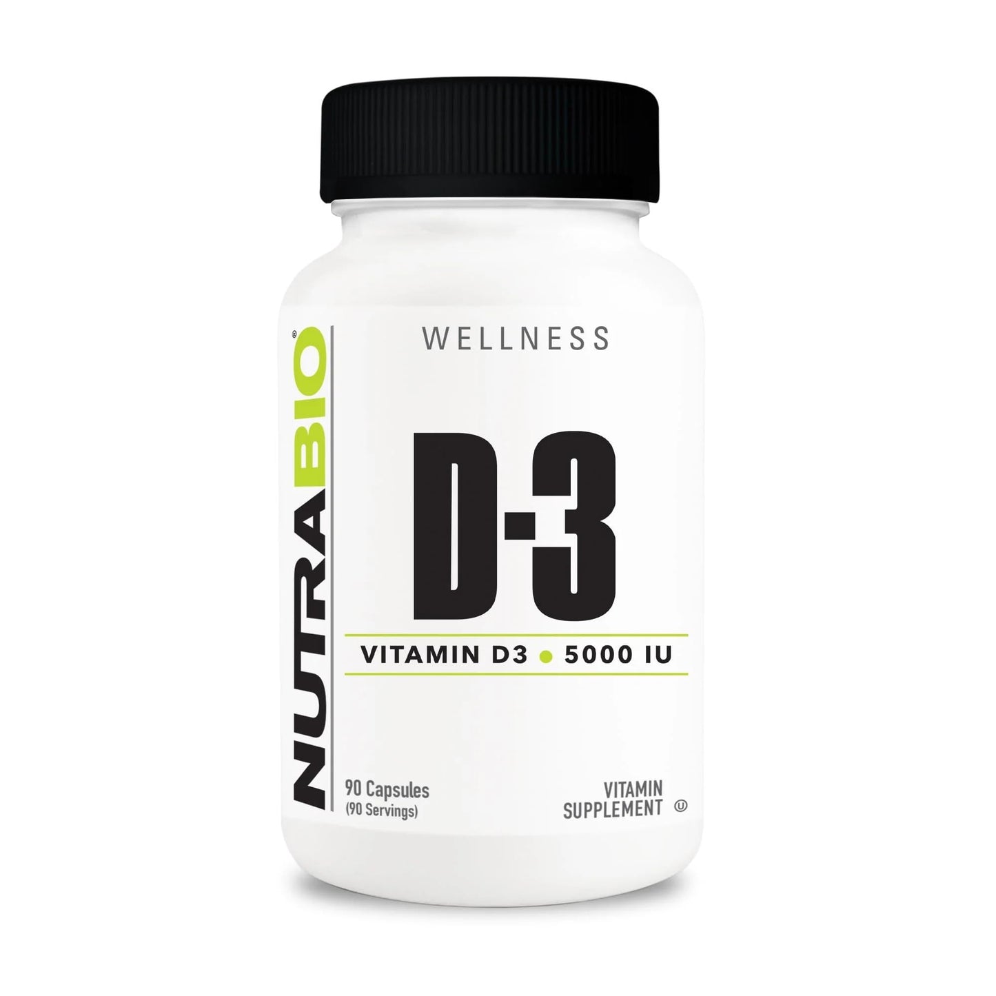 Frontal botella NutraBio vitamina D3 5000 UI 90 cápsulas vegetales