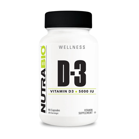 Frontal botella NutraBio vitamina D3 5000 UI 90 cápsulas vegetales