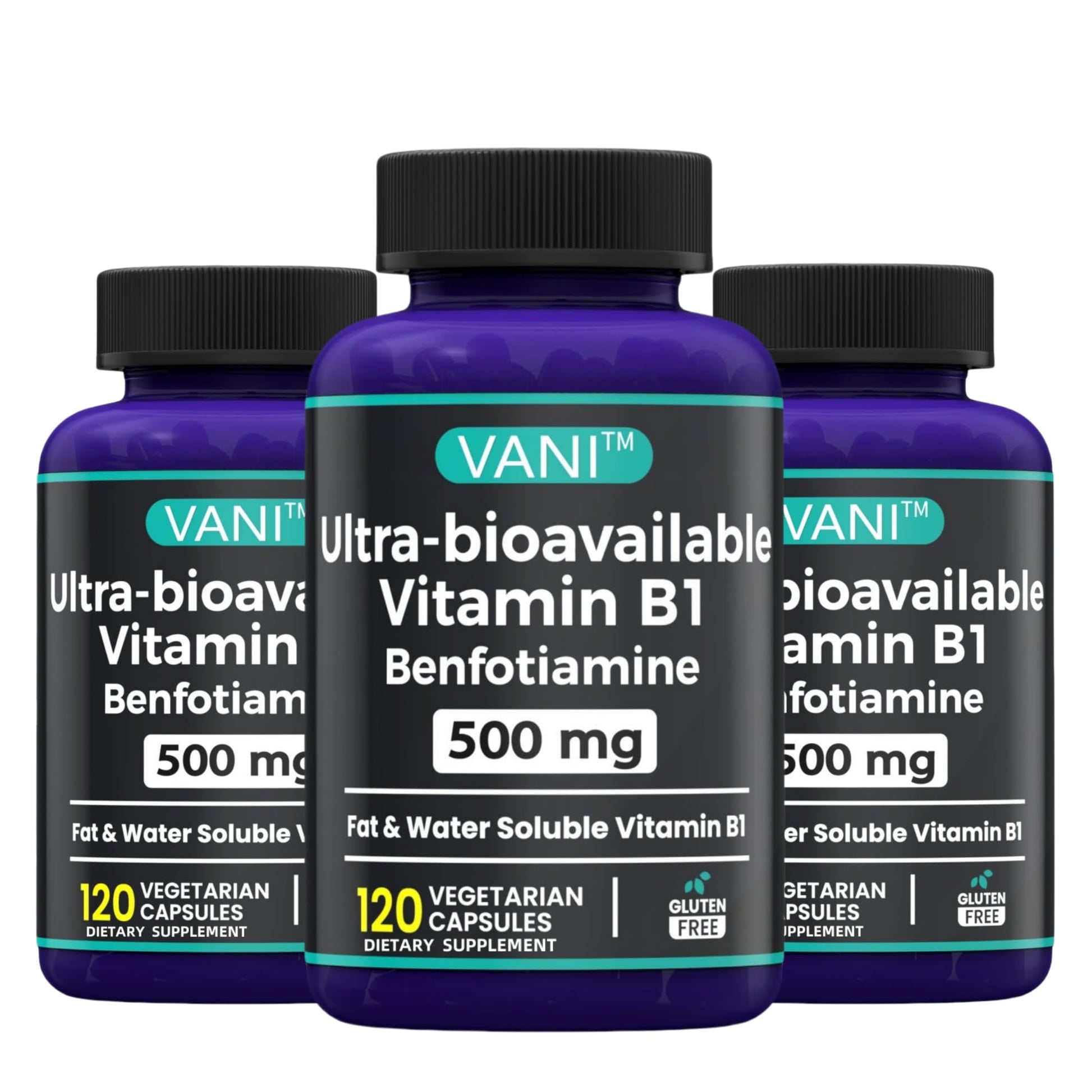 Frontal botella VANI Vitamina B1 con Benfotiamina 500mg 120 cápsulas