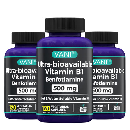 Frontal botella VANI Vitamina B1 con Benfotiamina 500mg 120 cápsulas