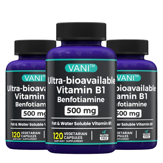 Frontal botella VANI Vitamina B1 con Benfotiamina 500mg 120 cápsulas