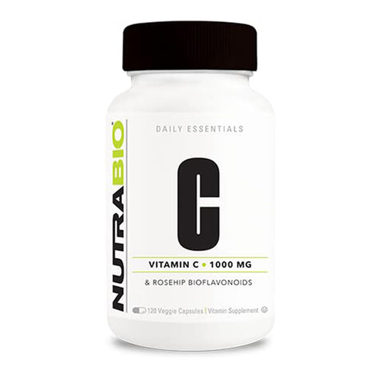 Frontal empaque NutraBio vitamina C con rosa mosqueta 120 cápsulas