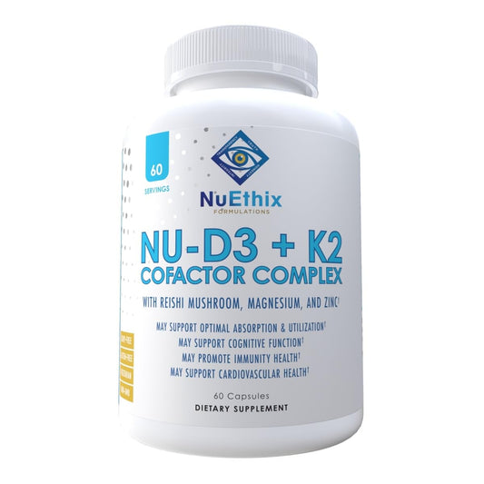 Frontal envase NuEthix NU-D3 + K2 con Reishi 60 cápsulas