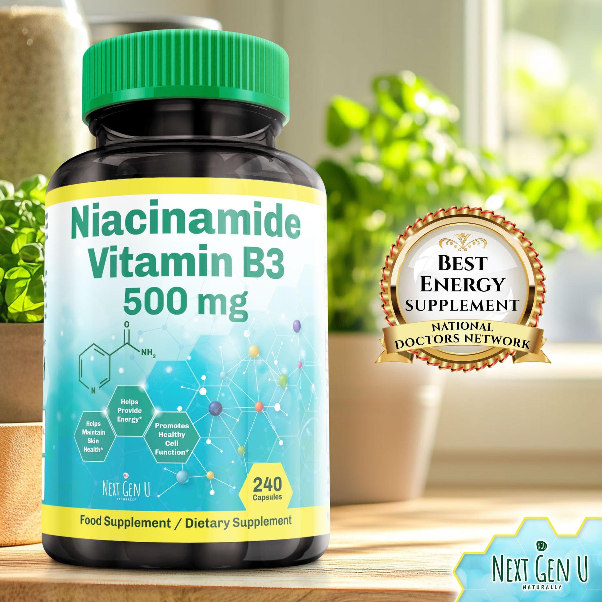 Frasco frontal NGU Vitamina B3 niacinamida 500 mg suplemento
