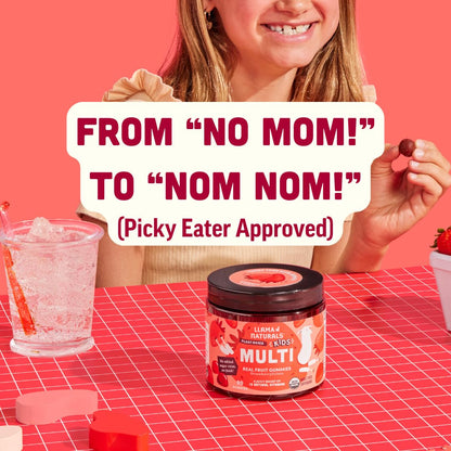 Fruta fresca para niños con Llama Naturals multivitamínicos.