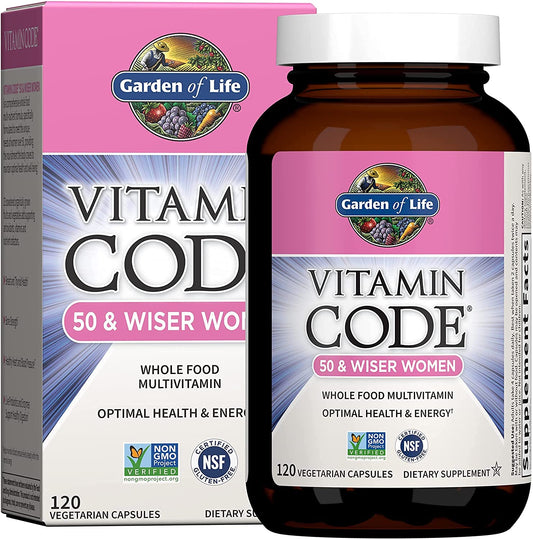 Botella y caja de Garden of Life Multivitaminas para Mujeres 50+.