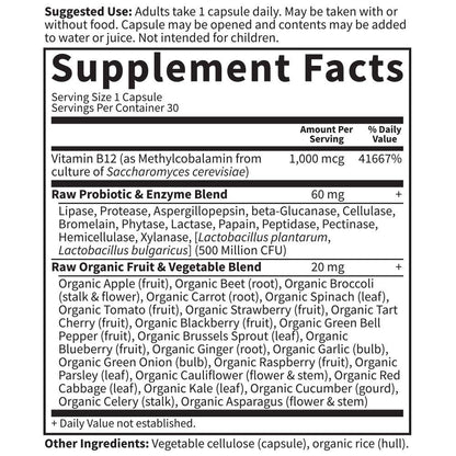Frasco Garden of Life cápsulas vitamina B12 metilcobalamina pura