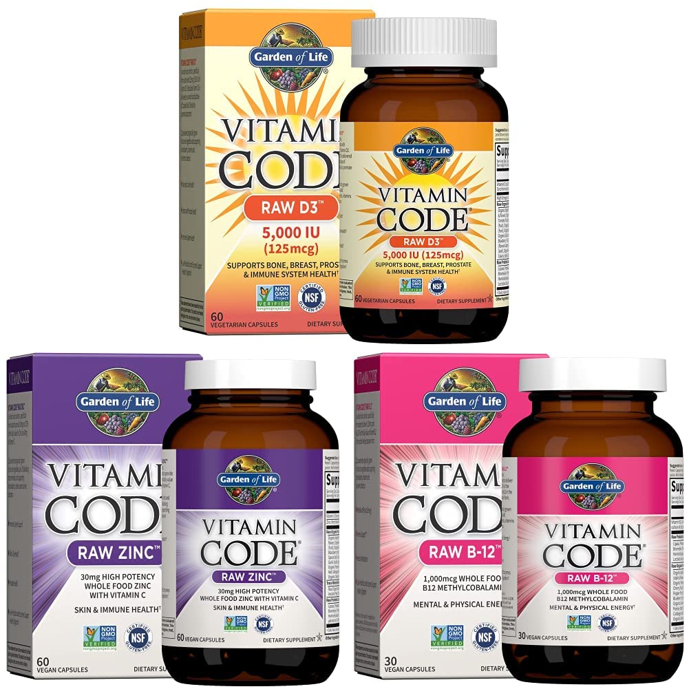 Garden of Life suplementos vitamina D B12 zinc vitamina C frasco