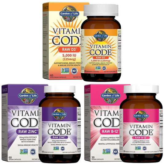 Garden of Life suplementos vitamina D B12 zinc vitamina C frasco