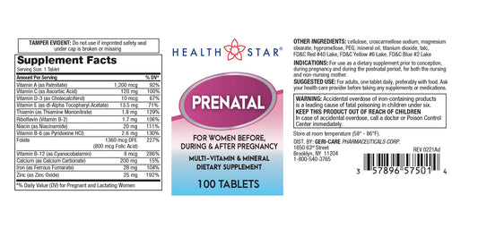 Caja y tubo de GeriCare multivitamínico prenatal 100 cápsulas