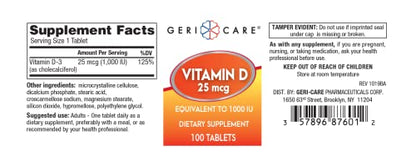 Tabletas GeriCare vitamina d 25mcg lado botella