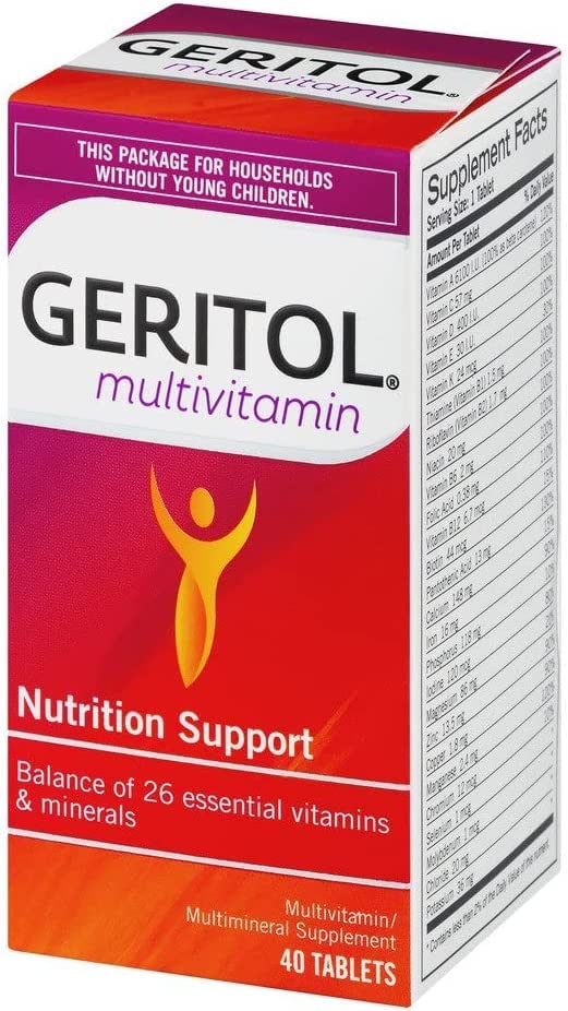 Caja y botella de multivitaminas Geritol