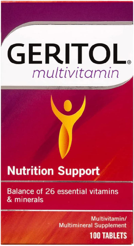 Paquete de multivitaminas Geritol en caja roja con 100 tabletas