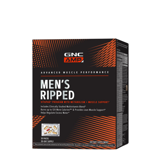 GNC AMP Men's Ripped Vitapak caja frontal en negro y naranja