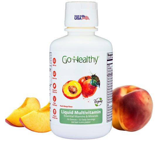 Botella de multivitamina líquida Go Healthy con ilustración de frutas