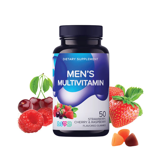 Frasco azul de gomas multivitamínicas LIVS para hombres 50 unidades