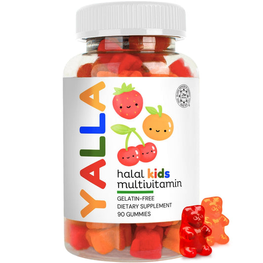 Gomas multivitamínicas halal para niños de sabores frutales en un frasco.