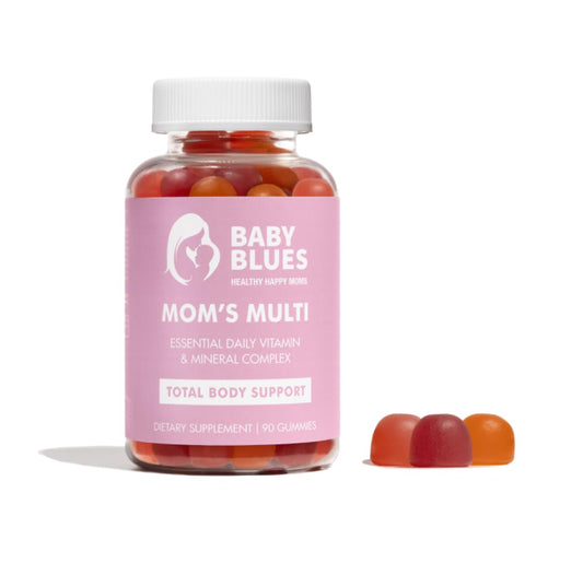 Gomas multivitamínicas Baby Blues para mamás en envase rosado.