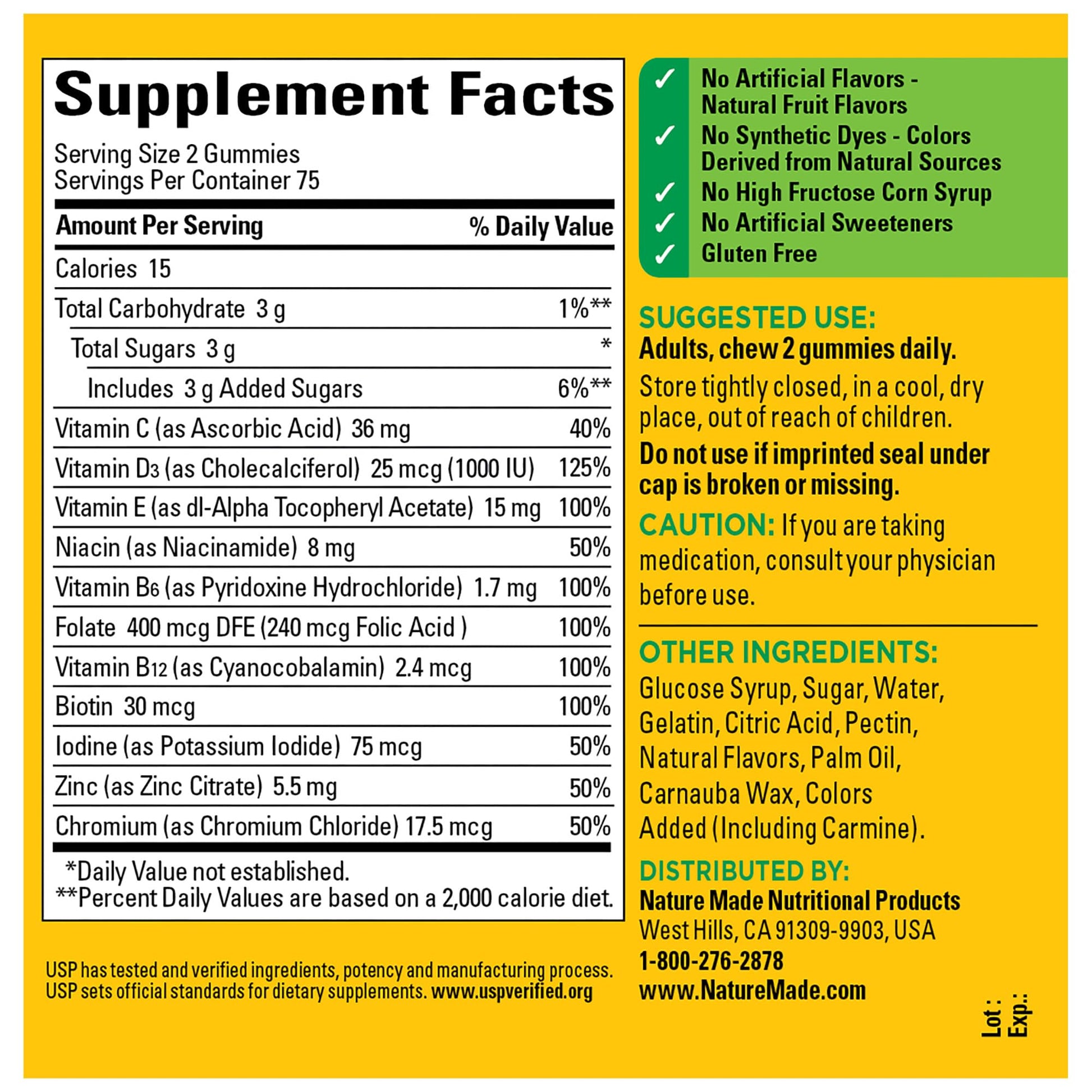 Gomas multivitamínicas Nature Made sin sabores artificiales.