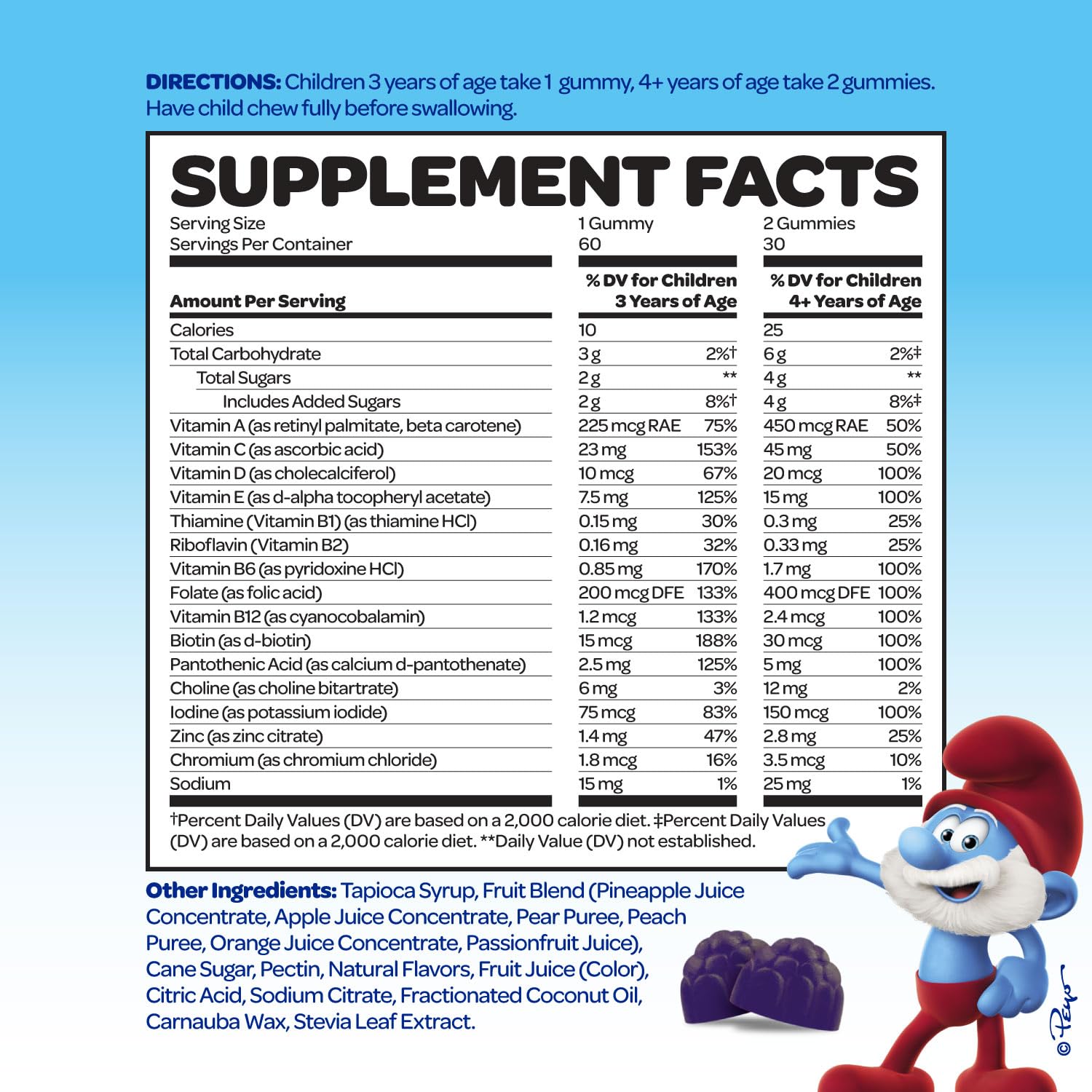 Pitufos gomas multivitamínicas con información nutricional