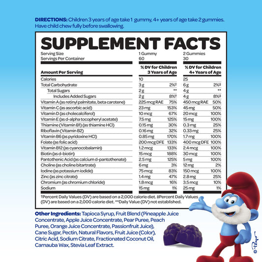 Pitufos gomas multivitamínicas con información nutricional
