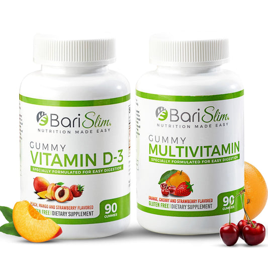 Gomas multivitamínicas de sabor frutal BariSlim en dos botellas