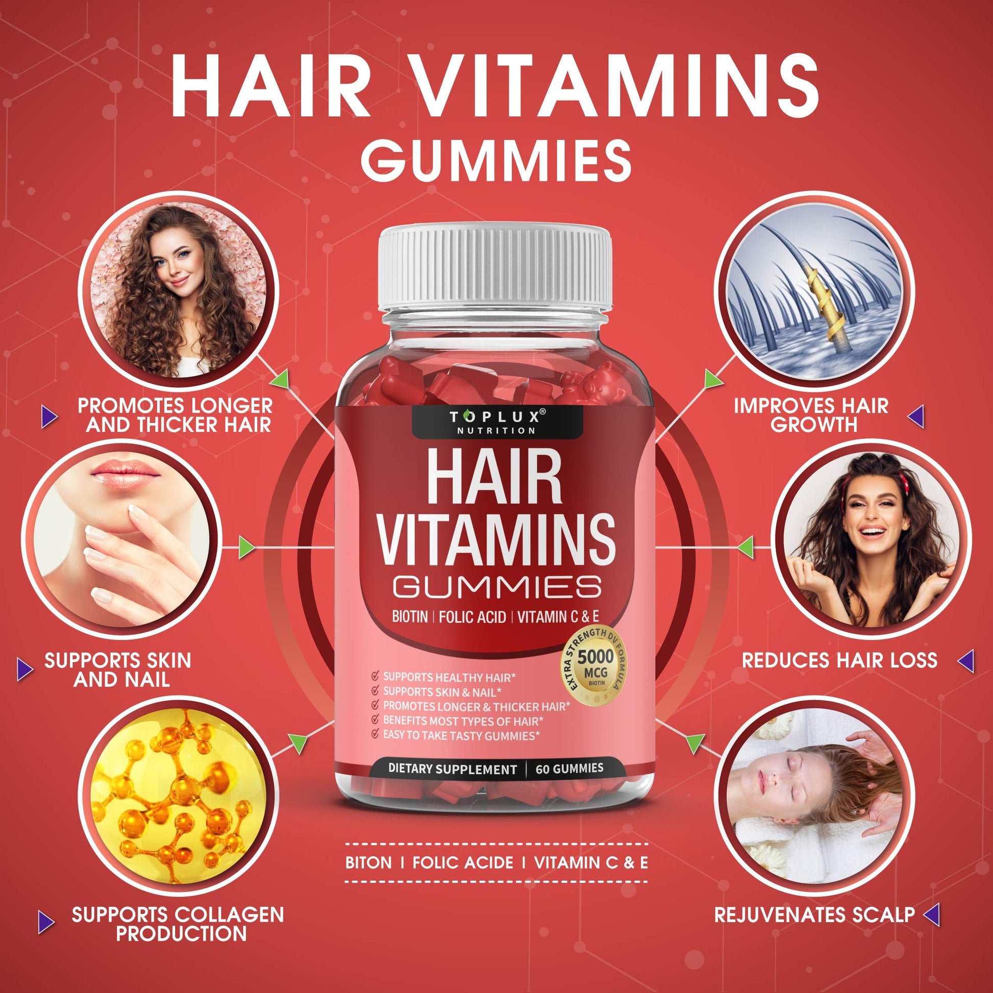 Gominolas para cabello piel y uñas Toplux 60 unidades sabor berries