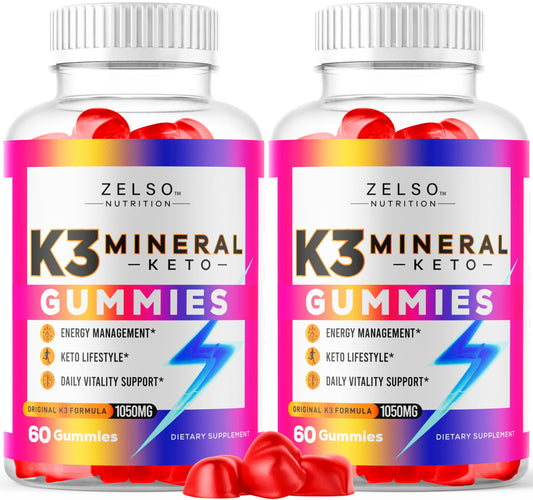 Gominolas K3 Mineral Keto de frente con texto resaltado sobre beneficios.