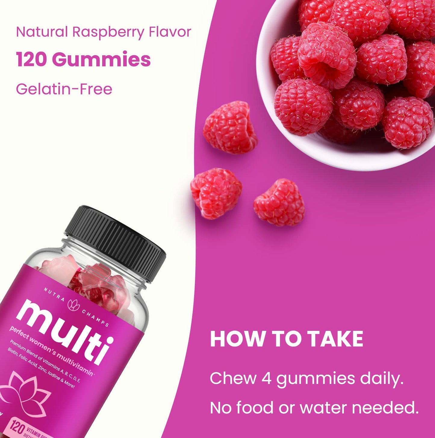 Gominolas multivitamínicas con sabor a frambuesa, 120 unidades