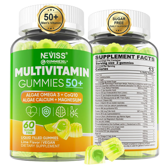 Gominolas multivitamínicas para hombres 50+ con Omega-3 y CoQ10 en botella.