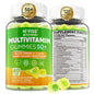 Gominolas multivitamínicas para hombres 50+ con Omega-3 y CoQ10 en botella.