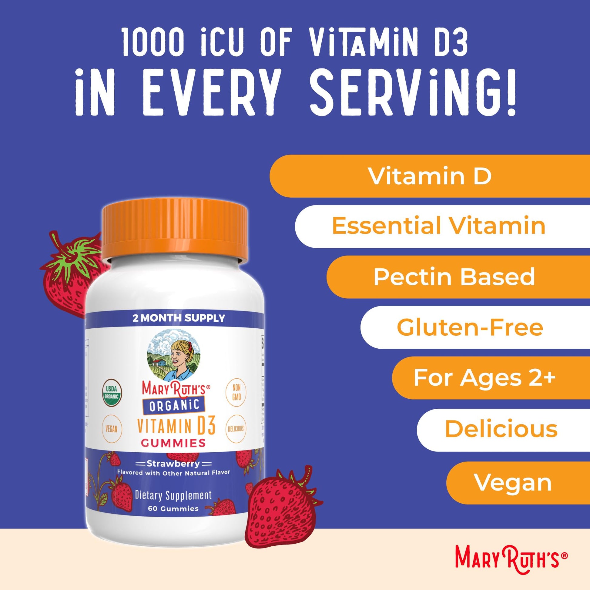 Gominolas vitamina D3 MaryRuth's en mano para dosis diaria niños y adultos
