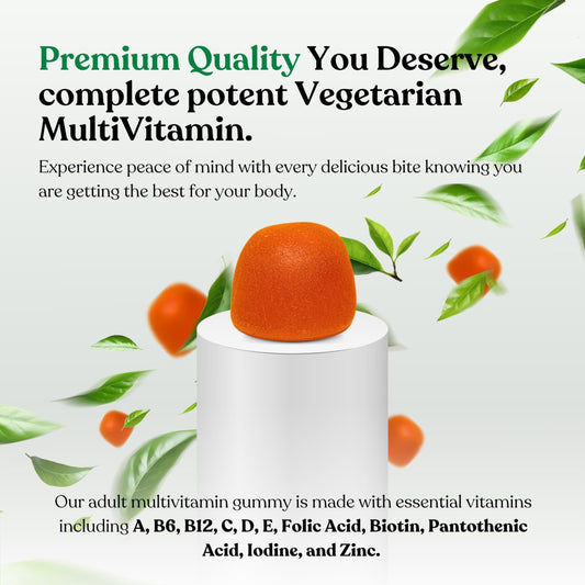 Gomita multivitamínica sobre pedestal con láminas