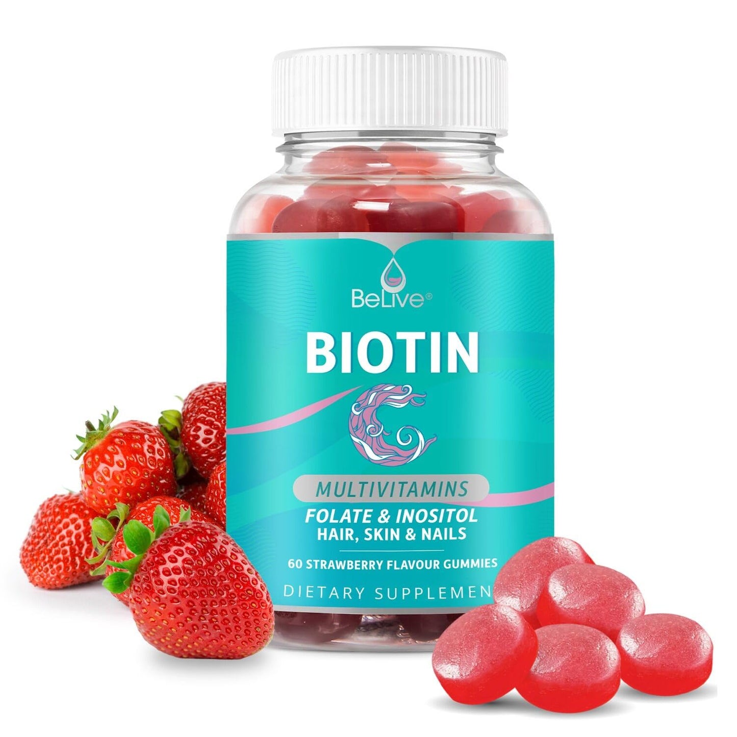 Gomitas de biotina BeLive en botella transparente sabor fresa