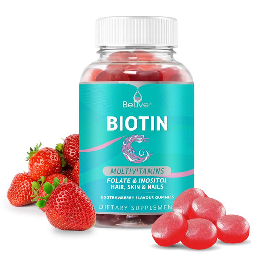 Gomitas de biotina BeLive en botella transparente sabor fresa