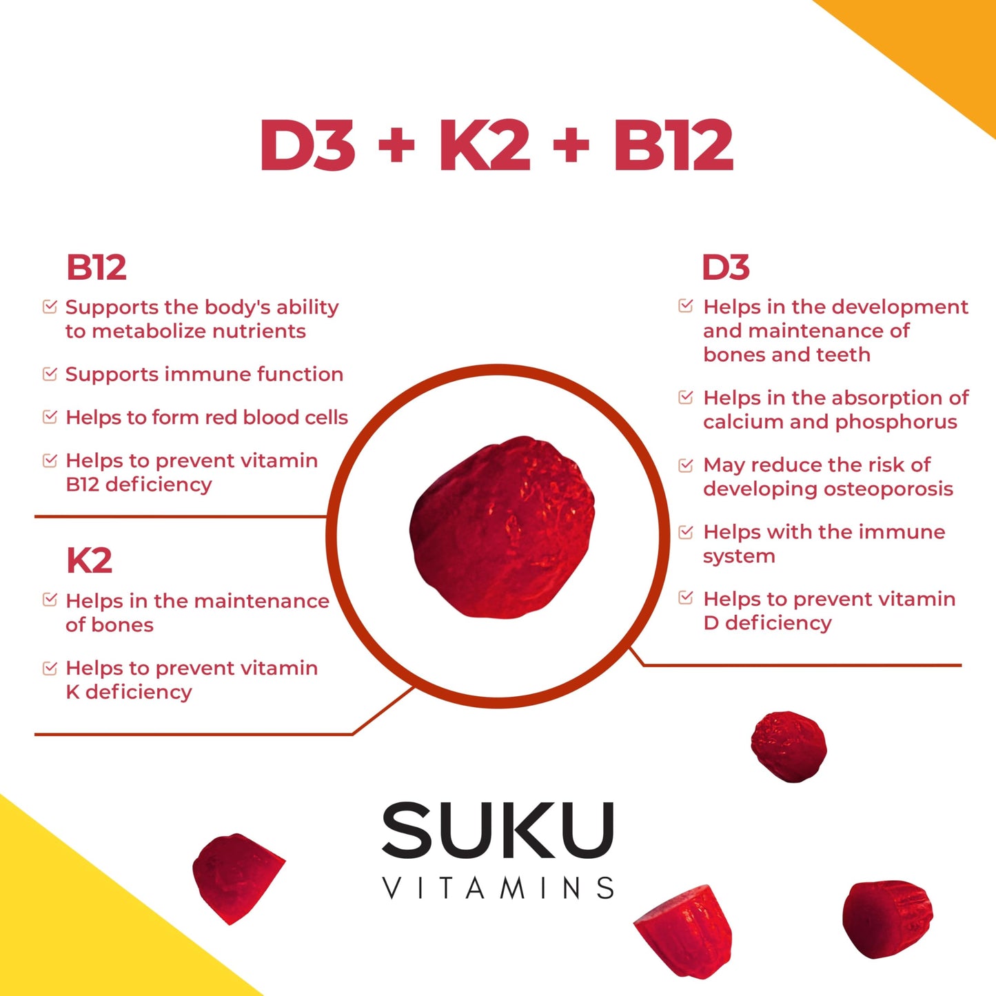 Gomitas D3 K2 B12 SUKU sin azúcar para salud diaria
