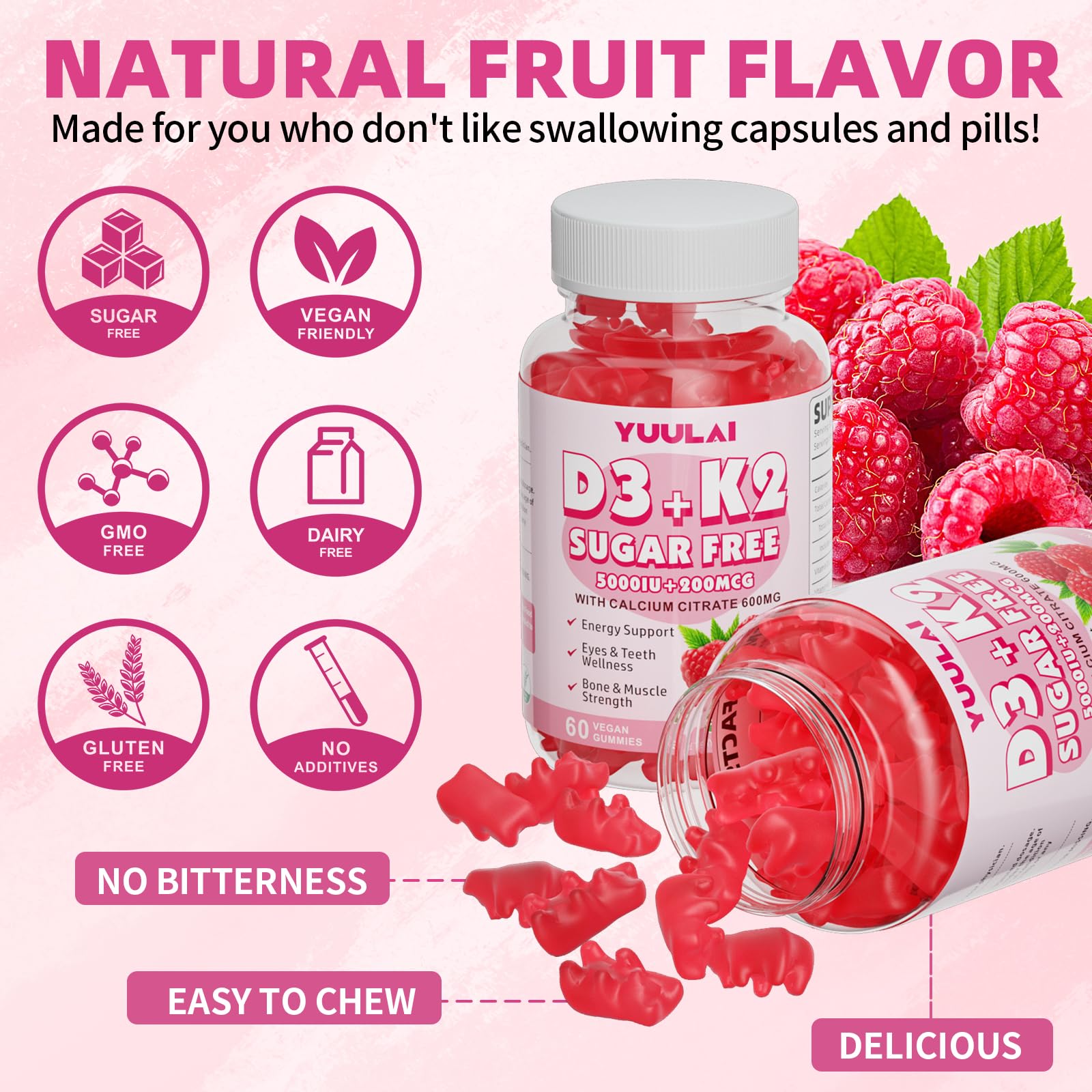 Gomitas D3 K2 pack doble YUULAI apoyo inmunitario y energía