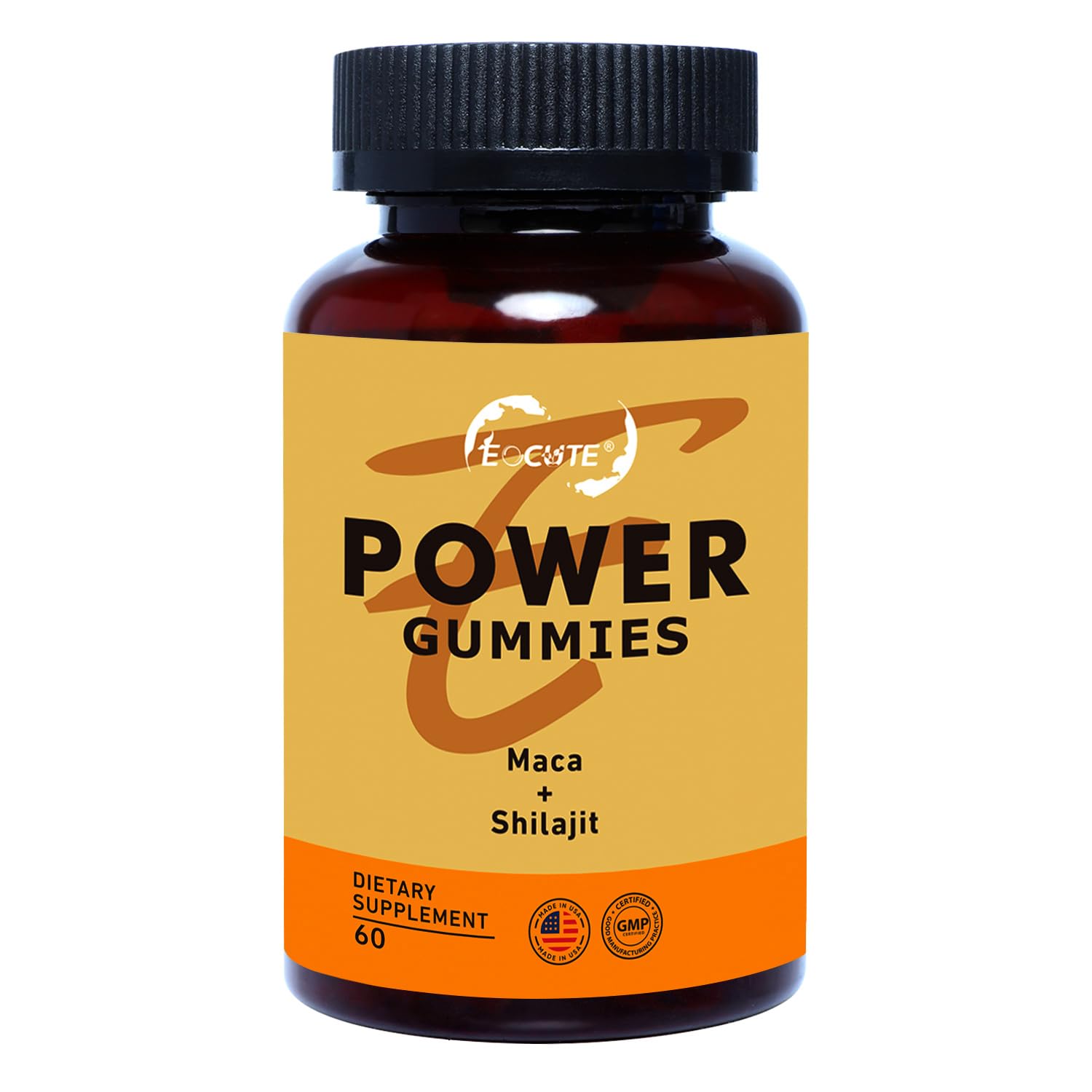 Frasco de gomitas EOCUTE con maca y shilajit para energía y salud