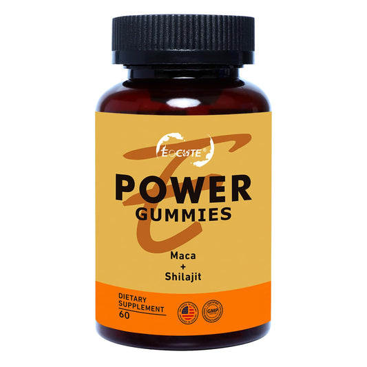 Frasco de gomitas EOCUTE con maca y shilajit para energía y salud