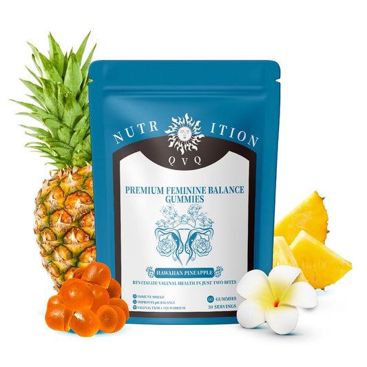 Gomitas de equilibrio femenino QVQ sabor piña con apoyo vitamínico.