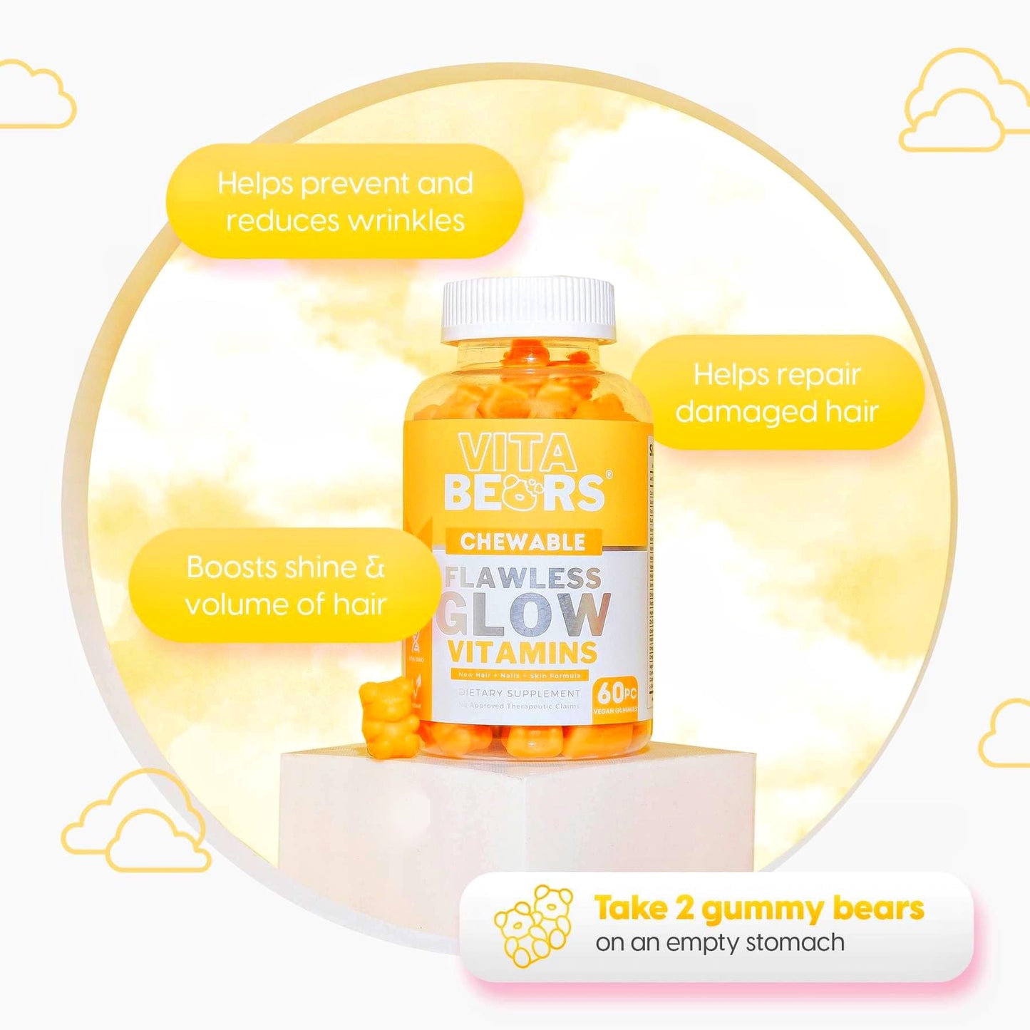 Gomitas Flawless Glow mostradas con sugerencias de uso.