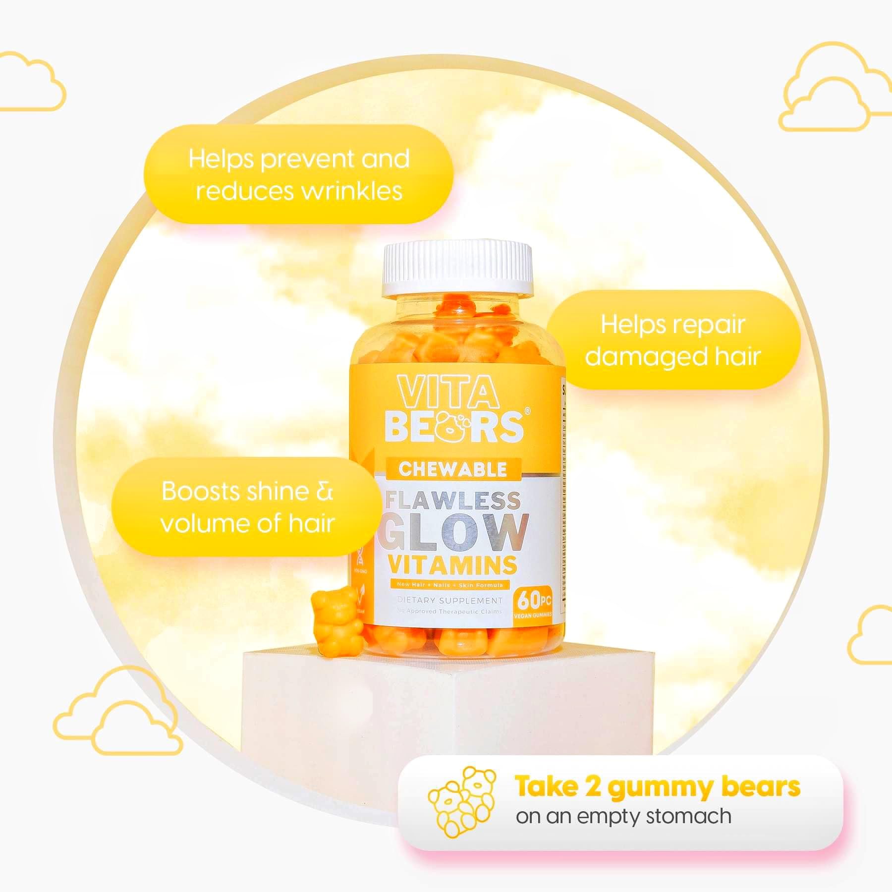 Gomitas Flawless Glow mostradas con sugerencias de uso.