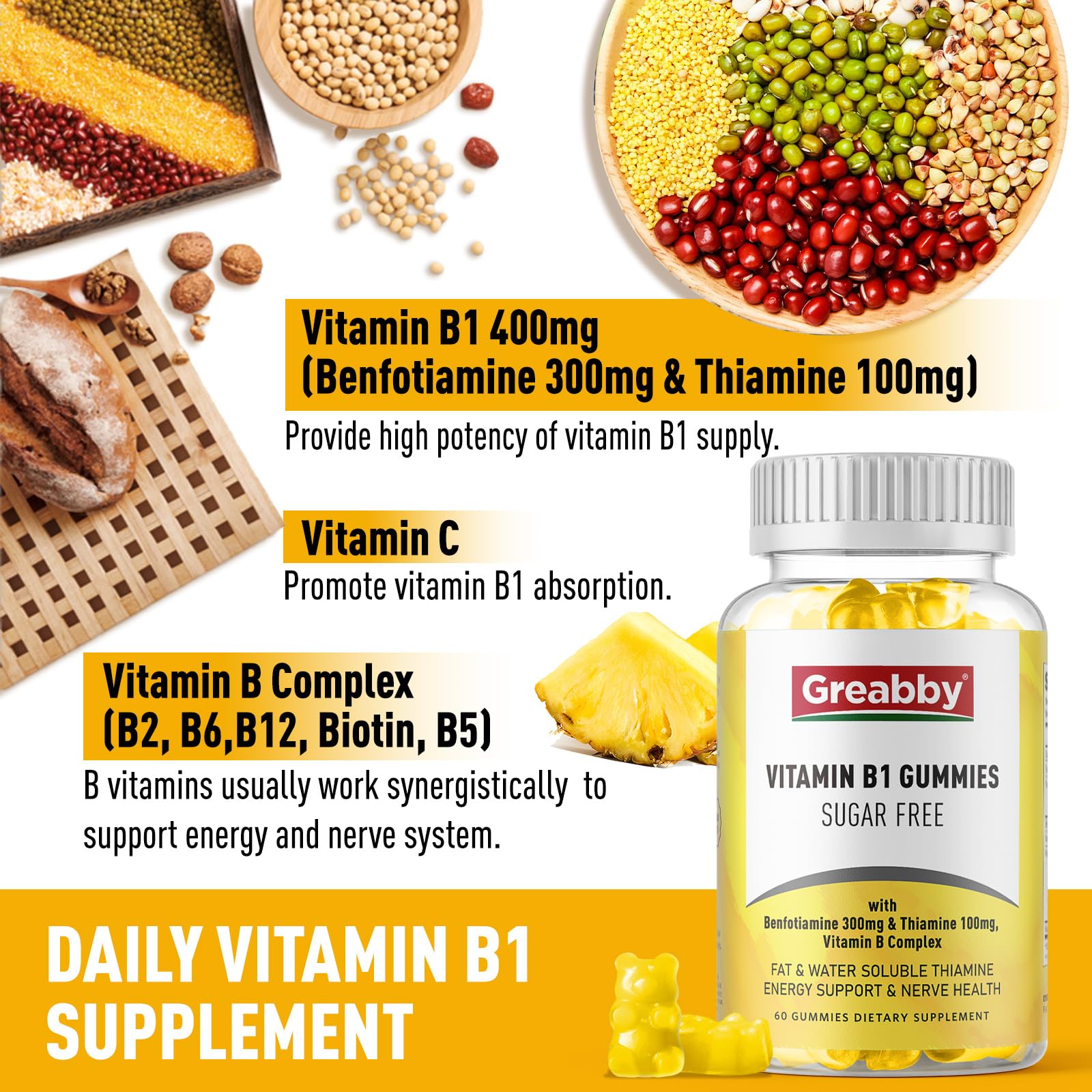 Gomitas GREABBY vitaminas B1 sin azúcar 60 unidades saludables