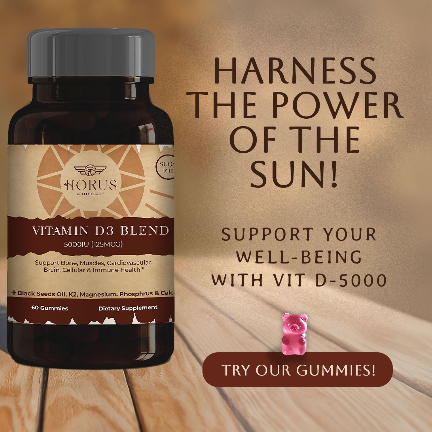 Gomitas Horus Apothecary vitamina D3 5000 UI sin azúcar vista cerca