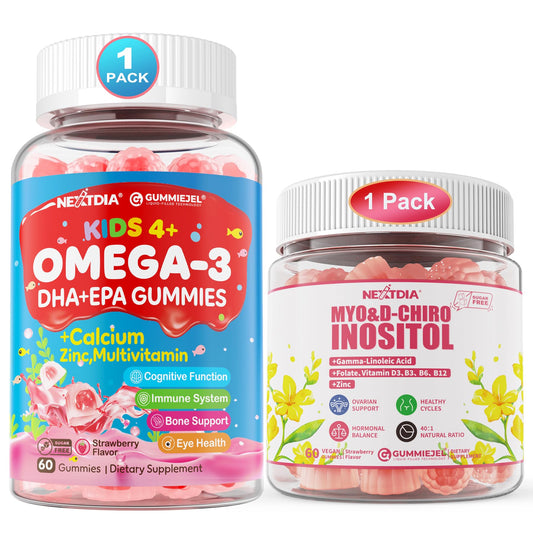 Envase de gomitas de inositol y omega 3 para niños